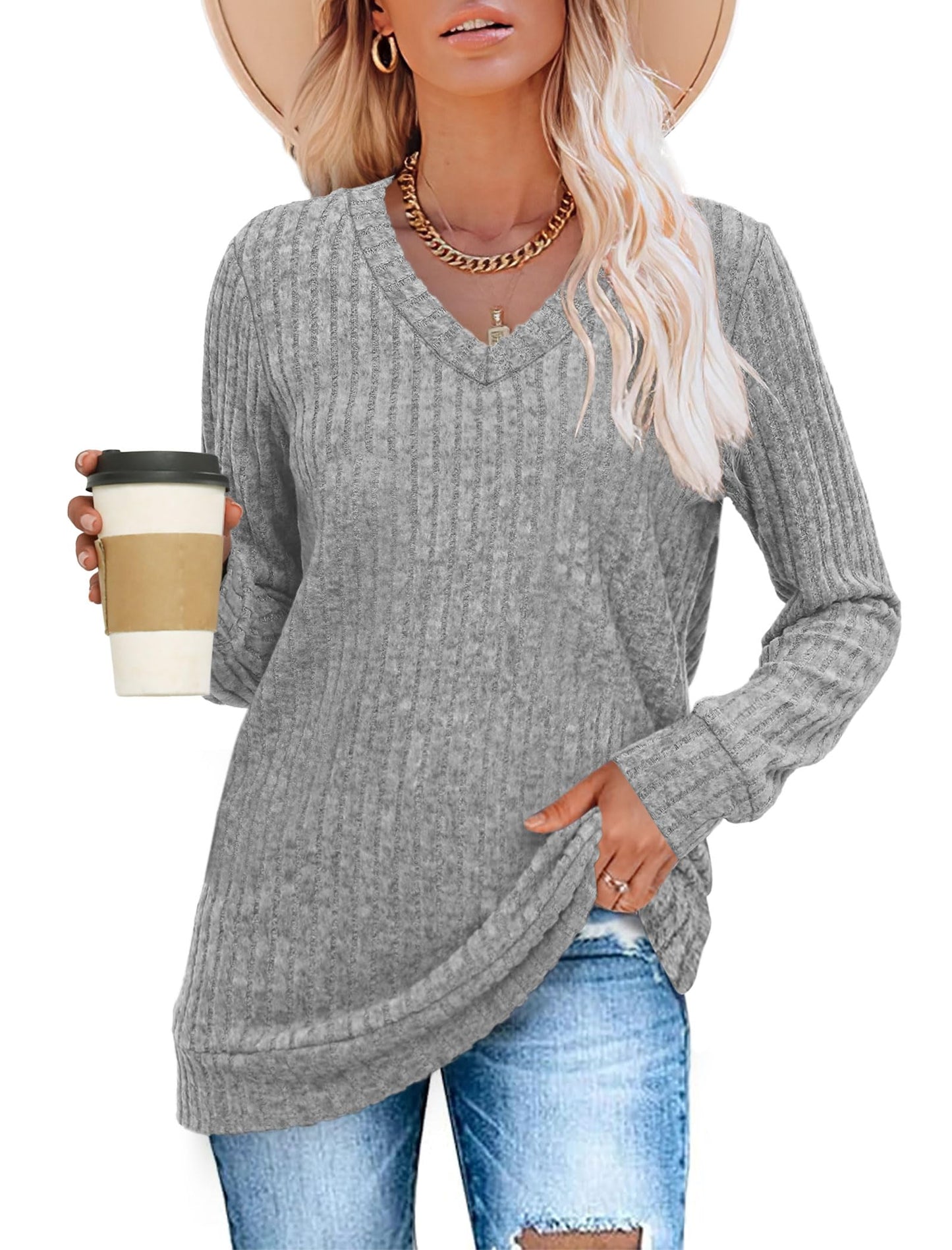 SAMPEEL V Neck Long Sleeve Shirts for Women Casual Fall Tops Lightweight Tunic Sweaters Fashion Clothes 2024