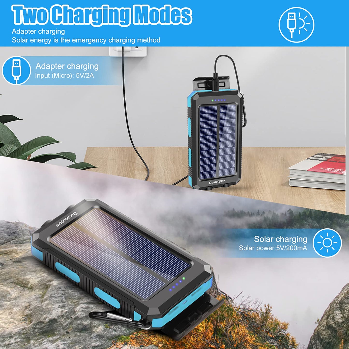 Solar Charger, 20000mAh Portable Outdoor Waterproof Solar Power Bank, Camping External Backup Battery Pack Dual 5V USB Ports Output, 2 Led Light Flashlight with Compass (Black)