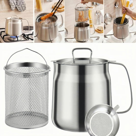 68oz 304 Stainless Steel Oil Filter Pot Large Capacity Versatile Oil Filter Vessel Heavy Duty Stainless Steel Bacon Grease Container Multi-function Frying net Tank for Kitchen Camping (68oz/2L)