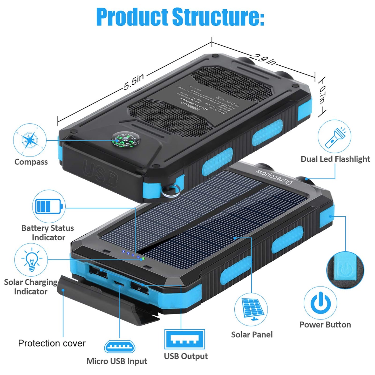 Solar Charger, 20000mAh Portable Outdoor Waterproof Solar Power Bank, Camping External Backup Battery Pack Dual 5V USB Ports Output, 2 Led Light Flashlight with Compass (Black)