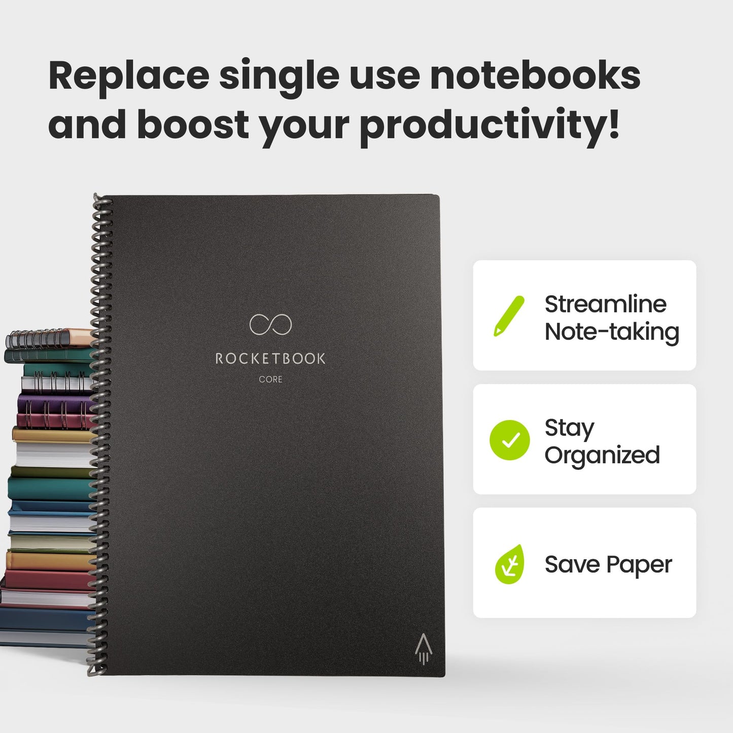 Rocketbook Core Reusable Spiral Notebook, Executive Size 6x8.8, Black - Dotted Pages, App-Connected, Erasable, Durable Cover, Ideal for School, Work, and Creative Projects