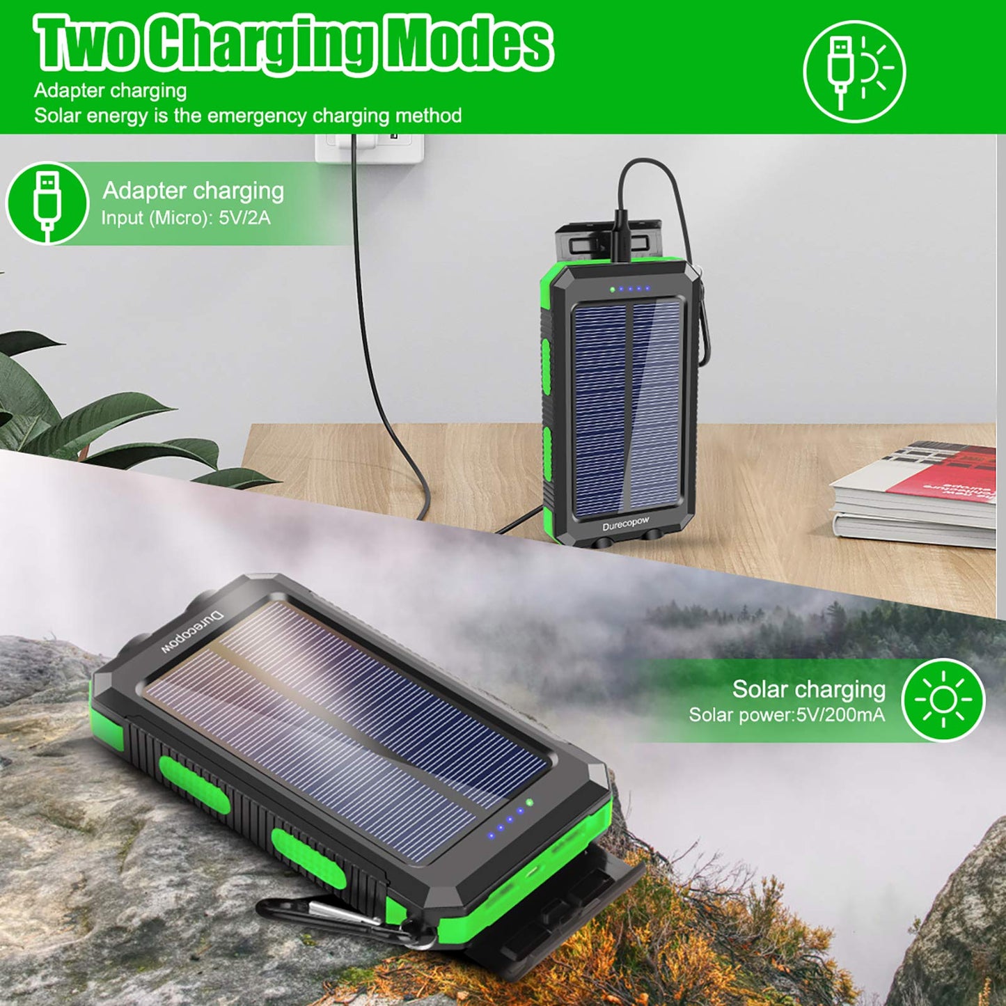 Solar Charger, 20000mAh Portable Outdoor Waterproof Solar Power Bank, Camping External Backup Battery Pack Dual 5V USB Ports Output, 2 Led Light Flashlight with Compass (Black)