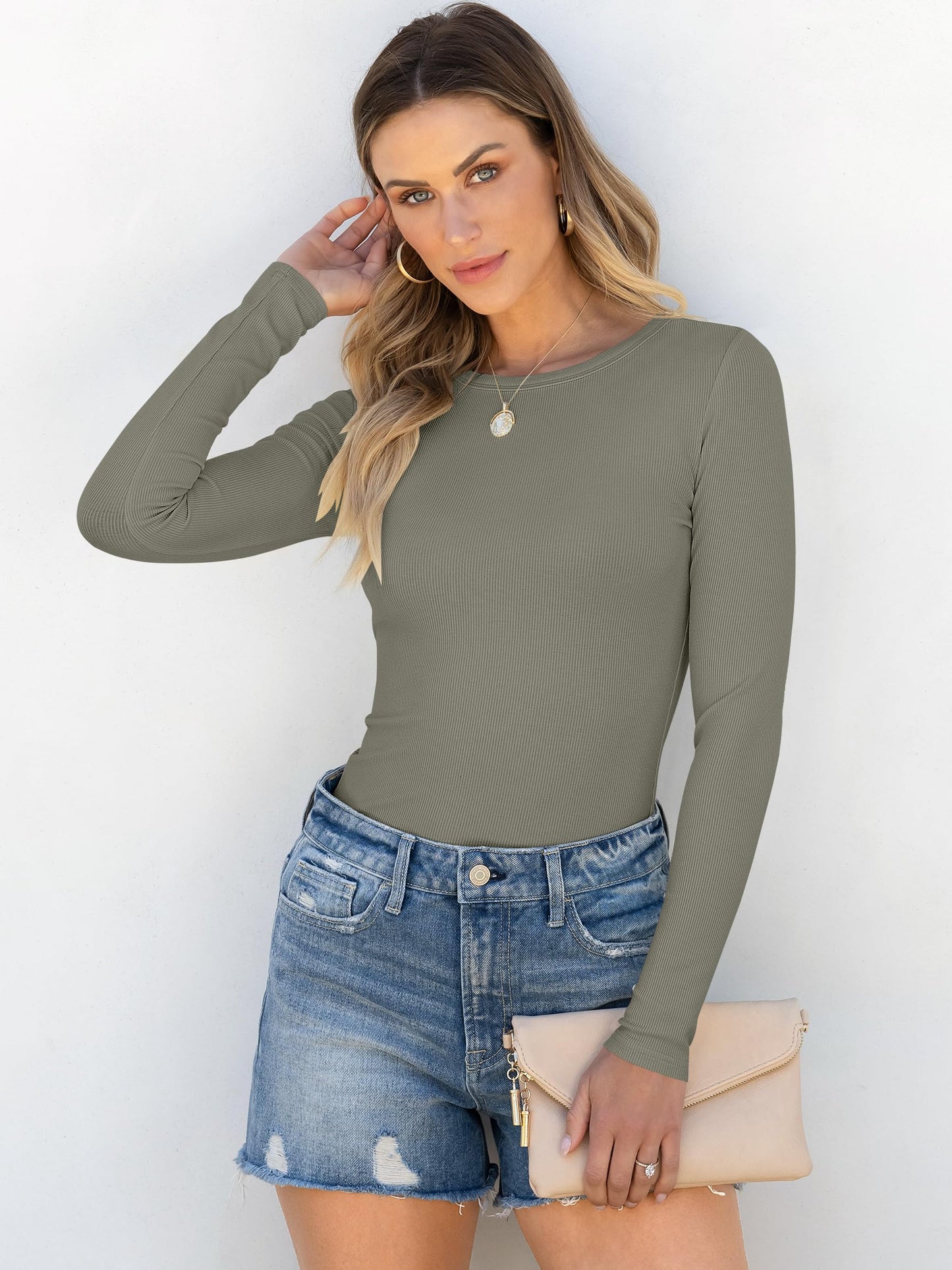 ANRABESS Women Long Sleeve Crewneck Rib Knit Slim Fit Shirts Basic Tee Tops 2024 Casual T-Shirt Going Out Workout Outfits