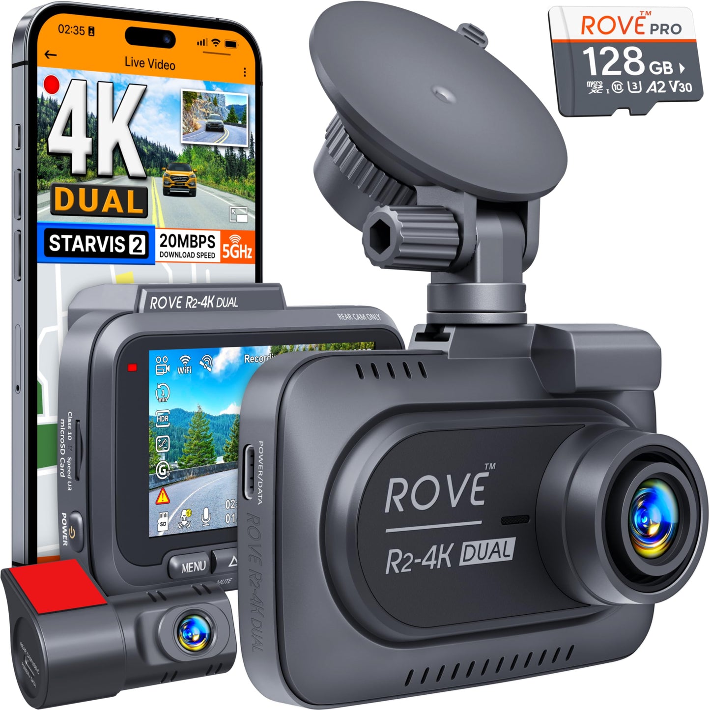 ROVE R2-4K DUAL Dash Cam Front and Rear, STARVIS 2 Sensor, FREE 128GB Card Included, 5G WiFi - up to 20MB/s Fastest Download Speed with App, 4K 2160P/FHD Dash Camera for Cars, 3" IPS, 24H Parking Mode