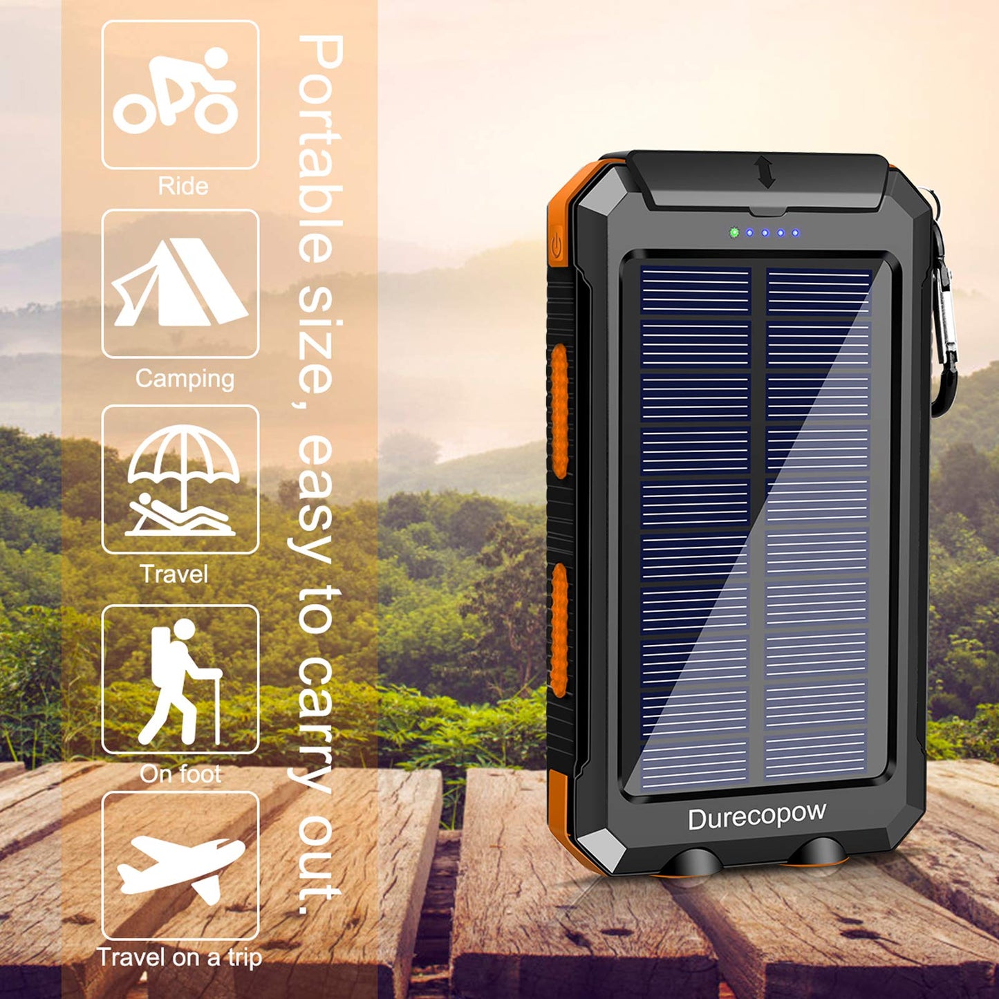 Solar Charger, 20000mAh Portable Outdoor Waterproof Solar Power Bank, Camping External Backup Battery Pack Dual 5V USB Ports Output, 2 Led Light Flashlight with Compass (Black)