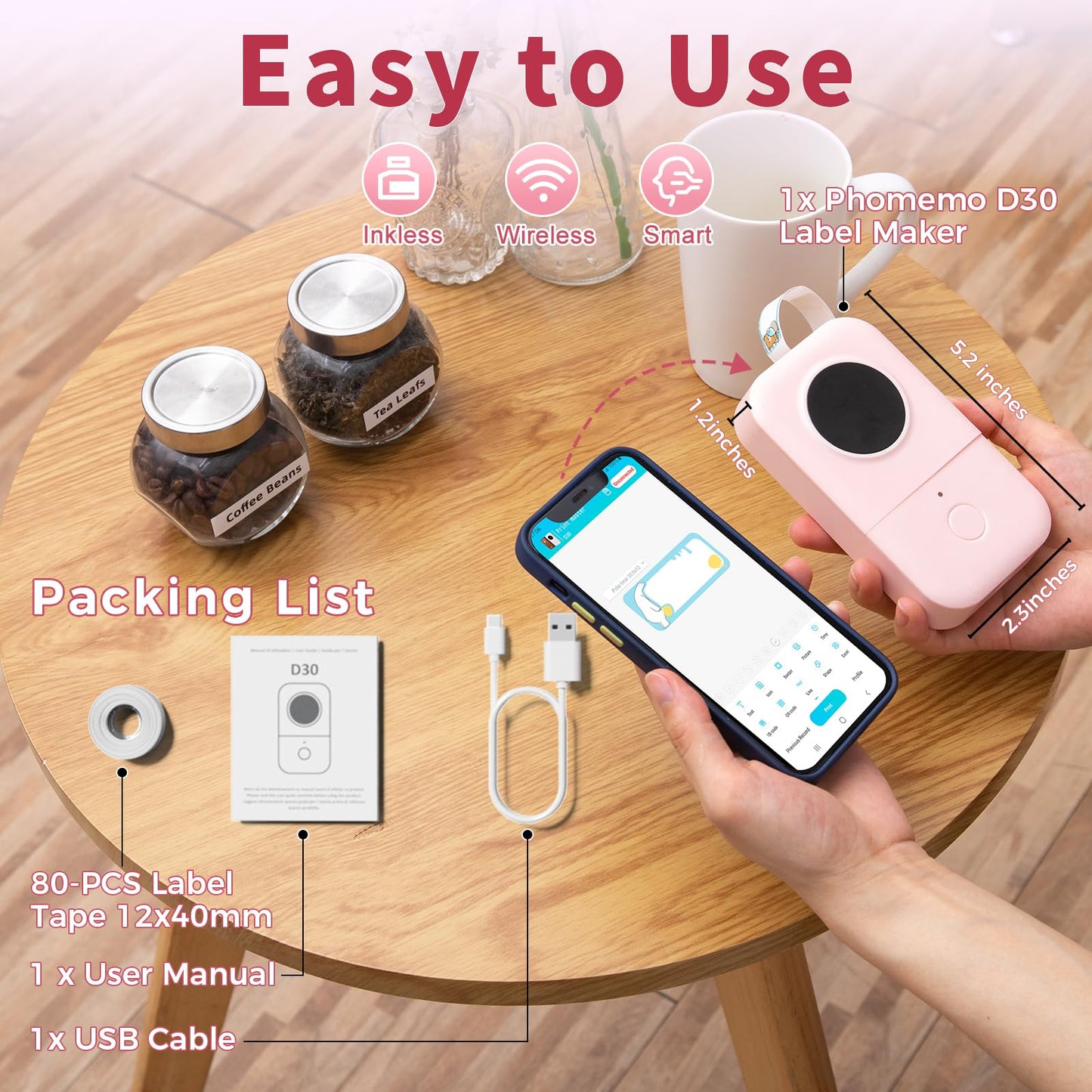 Phomemo D30 Label Maker Machine, Portable Bluetooth Mini Label Printer, Smart Phone Handheld Thermal Sticker Small Labeler Multiple Templates Font Icon Inkless for Home Office