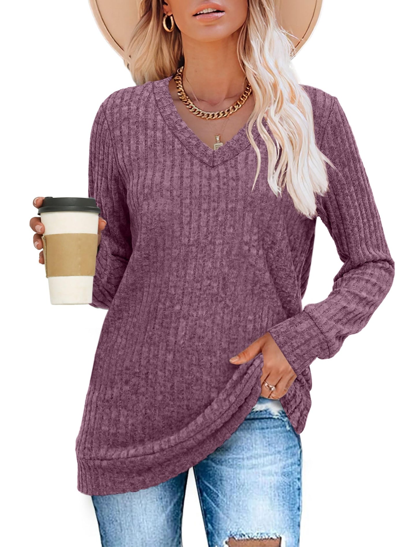 SAMPEEL V Neck Long Sleeve Shirts for Women Casual Fall Tops Lightweight Tunic Sweaters Fashion Clothes 2024