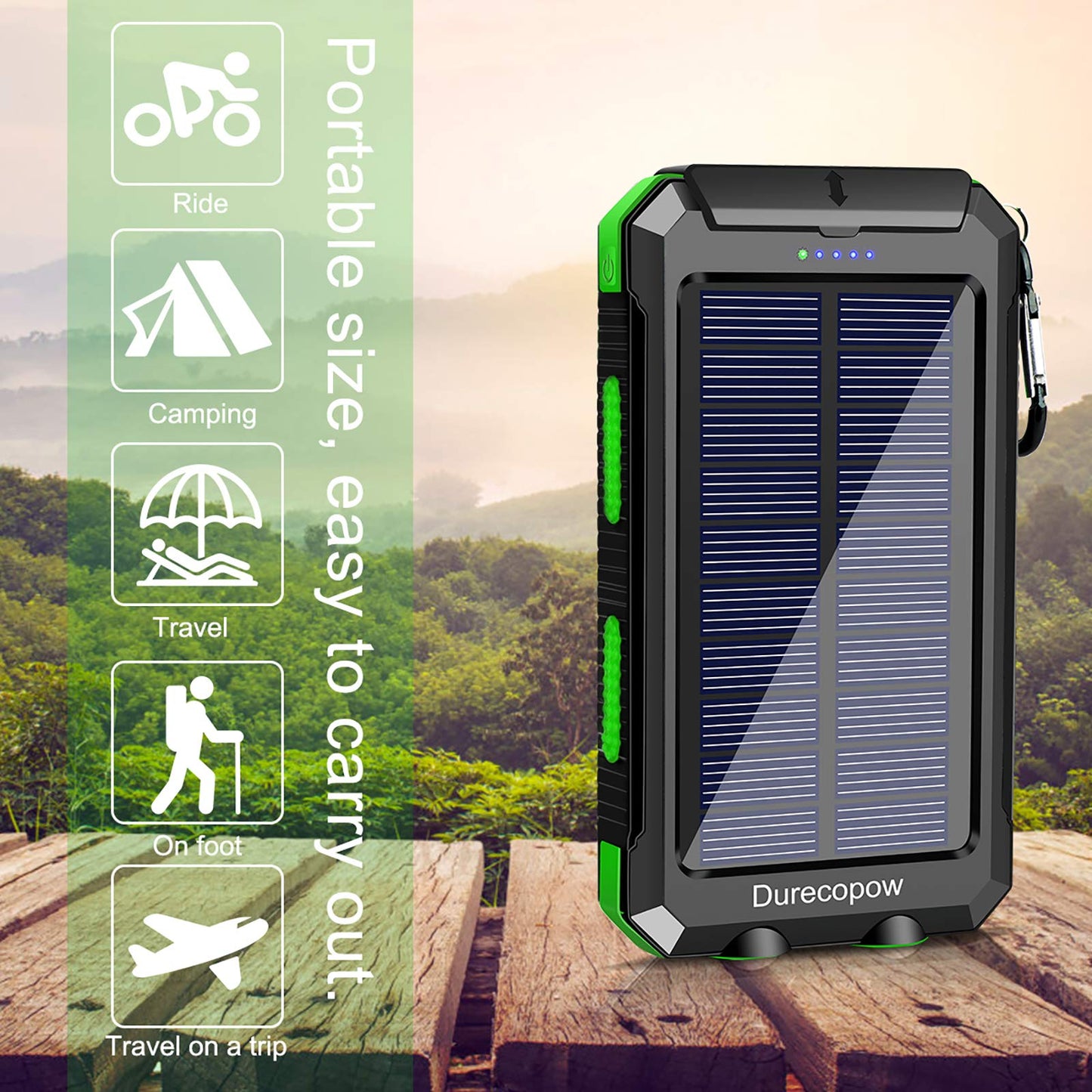 Solar Charger, 20000mAh Portable Outdoor Waterproof Solar Power Bank, Camping External Backup Battery Pack Dual 5V USB Ports Output, 2 Led Light Flashlight with Compass (Black)