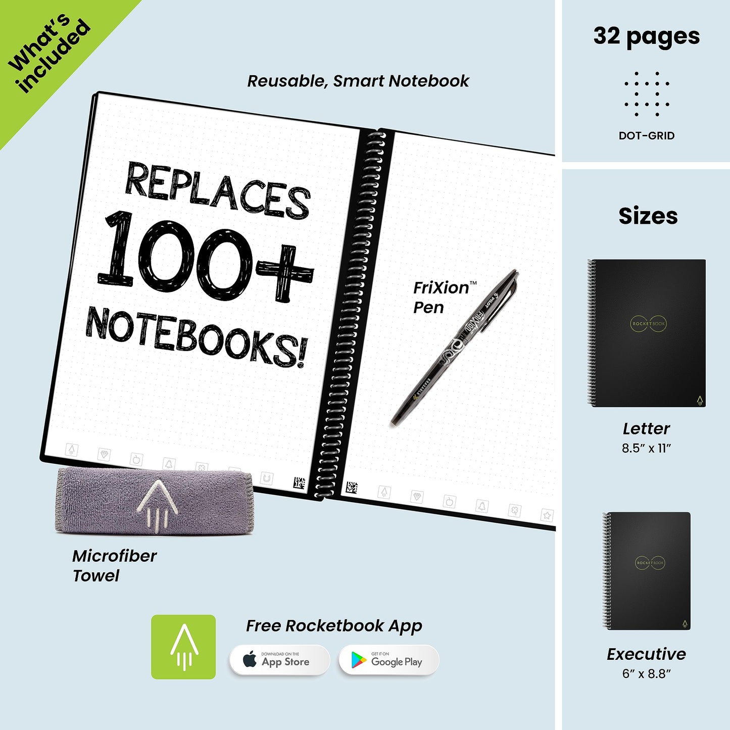 Rocketbook Core Reusable Spiral Notebook, Executive Size 6x8.8, Black - Dotted Pages, App-Connected, Erasable, Durable Cover, Ideal for School, Work, and Creative Projects