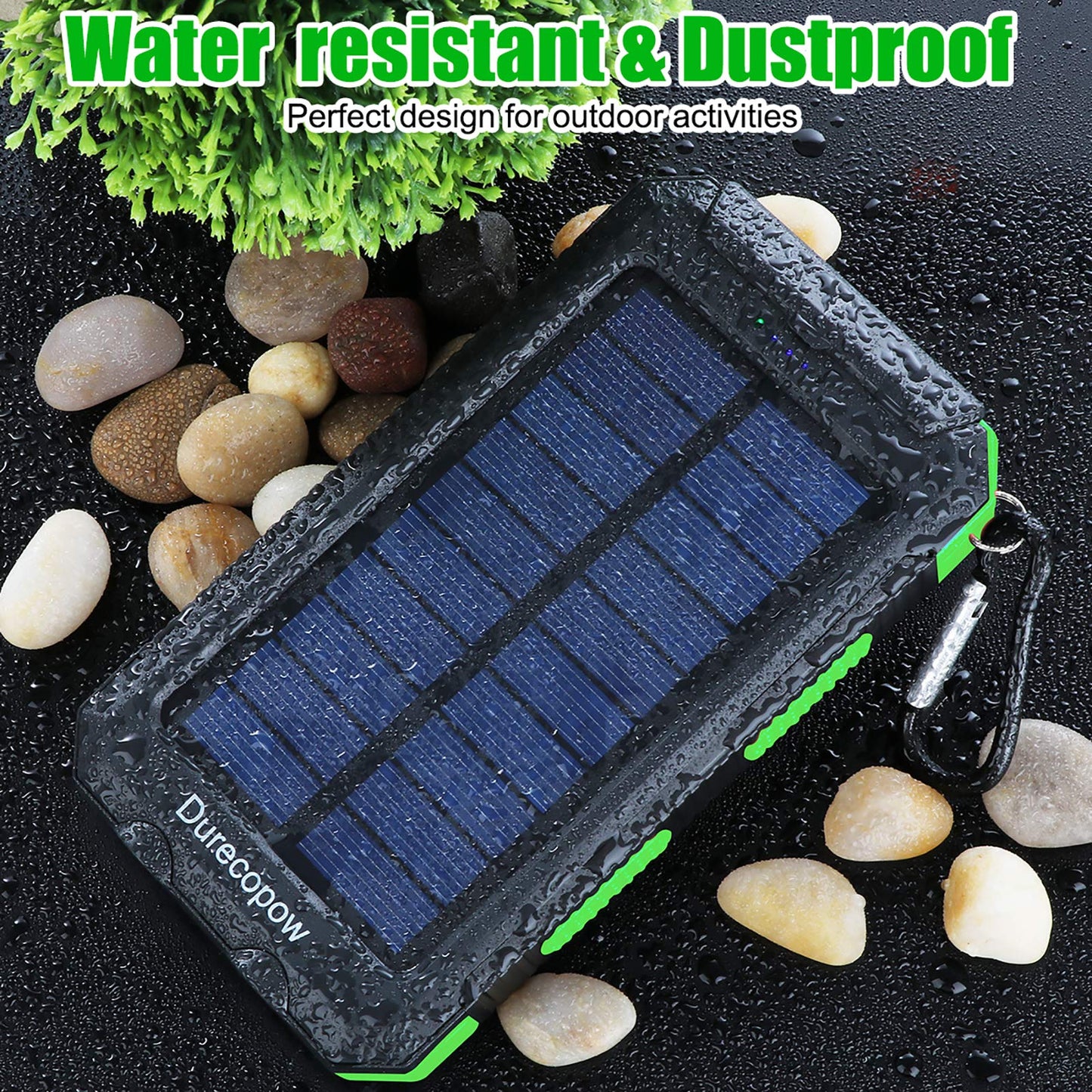 Solar Charger, 20000mAh Portable Outdoor Waterproof Solar Power Bank, Camping External Backup Battery Pack Dual 5V USB Ports Output, 2 Led Light Flashlight with Compass (Black)