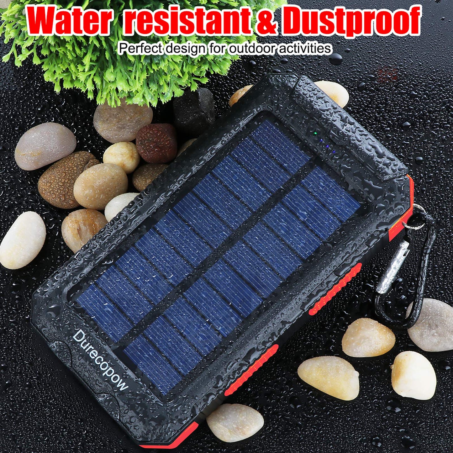 Solar Charger, 20000mAh Portable Outdoor Waterproof Solar Power Bank, Camping External Backup Battery Pack Dual 5V USB Ports Output, 2 Led Light Flashlight with Compass (Black)